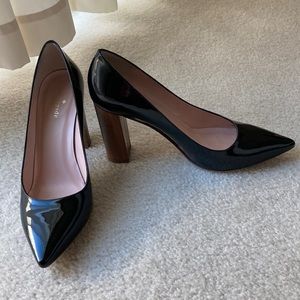Kate Spade patent leather faux wood block pumps